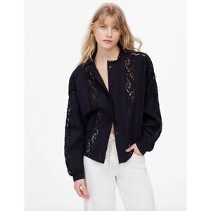 Madewell Lace Inset Pintucked Button Up Top Blouse Black Boho Cotton XS NWT